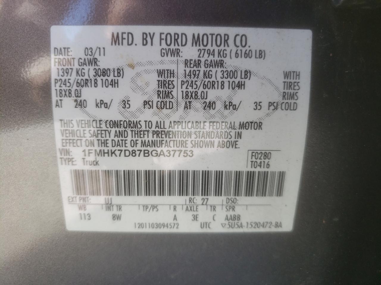 2011 Ford Explorer VIN 1FMHK7D87BGA37753 Copart auction photo, front end / minor dent/scratches damage thumbnail 13