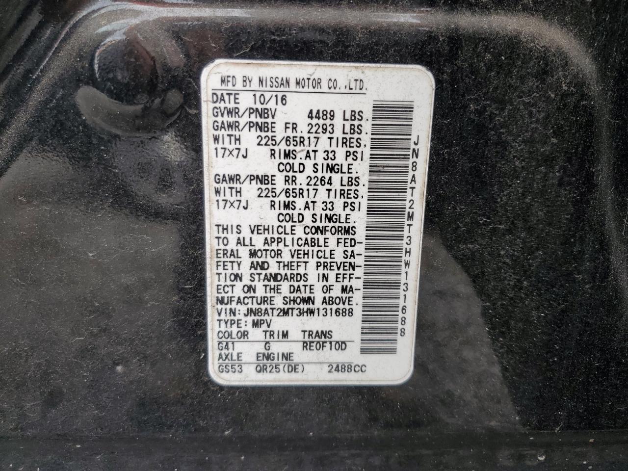 2017 Nissan Rogue VIN JN8AT2MT3HW131688 Copart auction photo, front end / side damage thumbnail 15