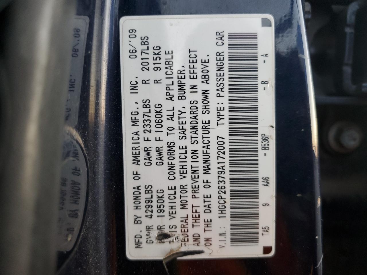 2009 Honda Accord VIN 1HGCP26379A172007 Copart auction photo, front end / rear end damage thumbnail 12