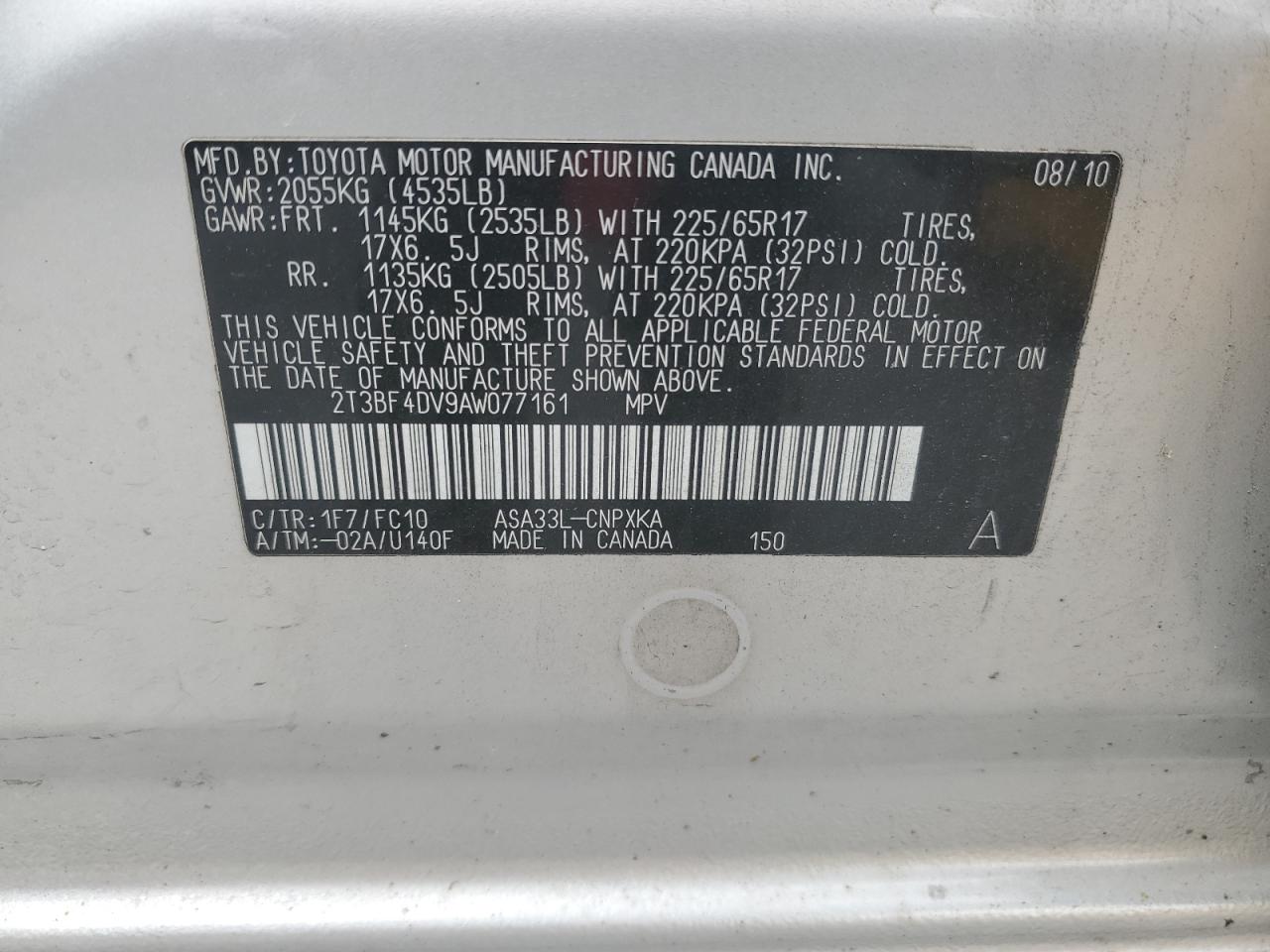 2010 Toyota RAV 4 VIN 2T3BF4DV9AW077161 Copart auction photo, mechanical / minor dent/scratches damage thumbnail 12