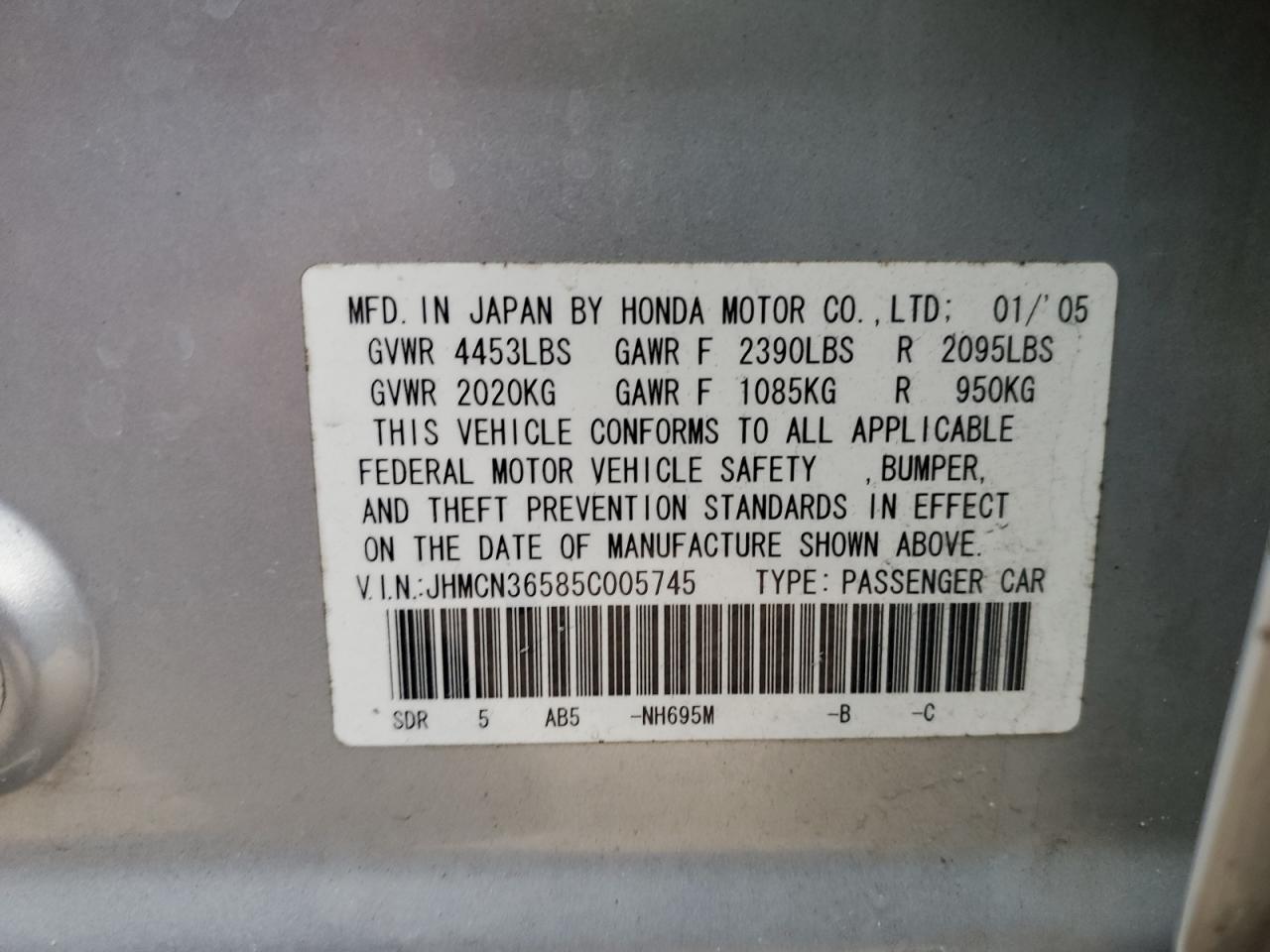 2005 Honda Accord VIN JHMCN36585C005745 Copart auction photo, front end / side damage thumbnail 14