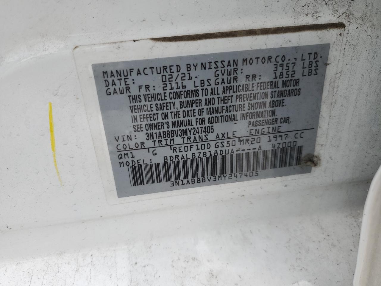 2021 Nissan Sentra VIN 3N1AB8BV3MY247405 Copart auction photo, all over damage thumbnail 12