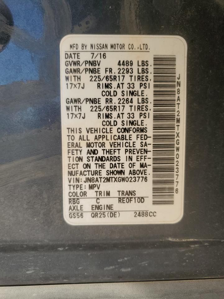 2016 Nissan Rogue VIN JN8AT2MTXGW023776 Copart auction photo, rear end / front end damage thumbnail 14
