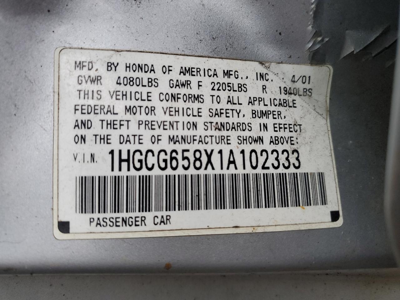 2001 Honda Accord VIN 1HGCG658X1A102333 Copart auction photo, all over damage thumbnail 12