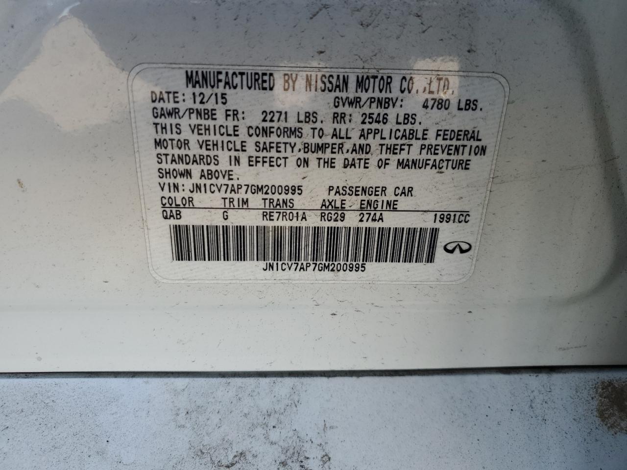 2016 Infiniti Q50 VIN JN1CV7AP7GM200995 Copart auction photo, stripped damage thumbnail 12