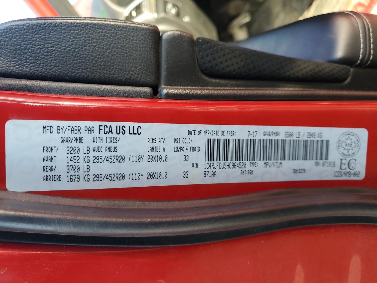 2017 Jeep Grand Cherokee VIN 1C4RJFDJ5HC964520 Copart auction photo, front end damage thumbnail 14