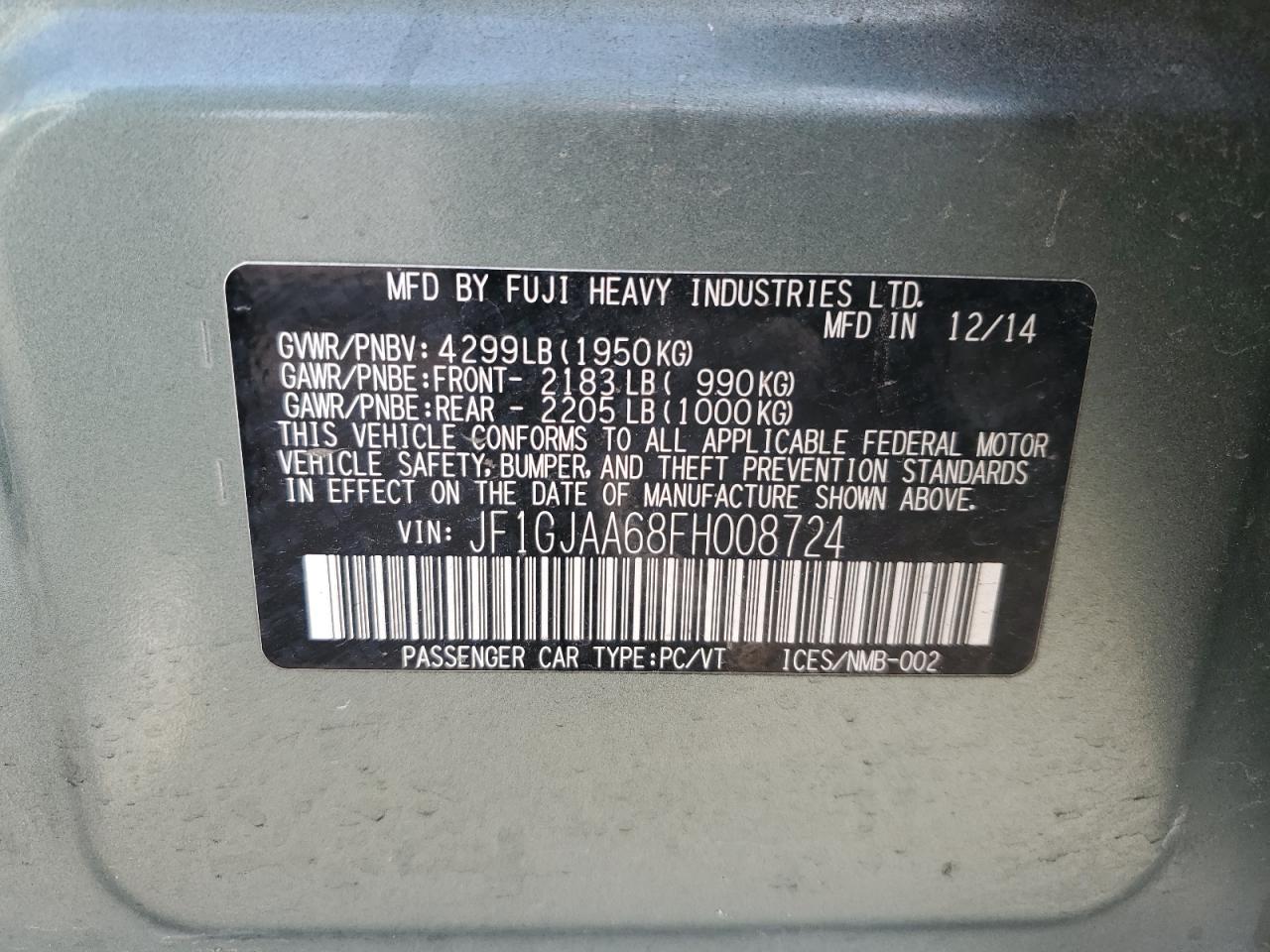 2015 Subaru Impreza VIN JF1GJAA68FH008724 Copart auction photo, undercarriage / front end damage thumbnail 14