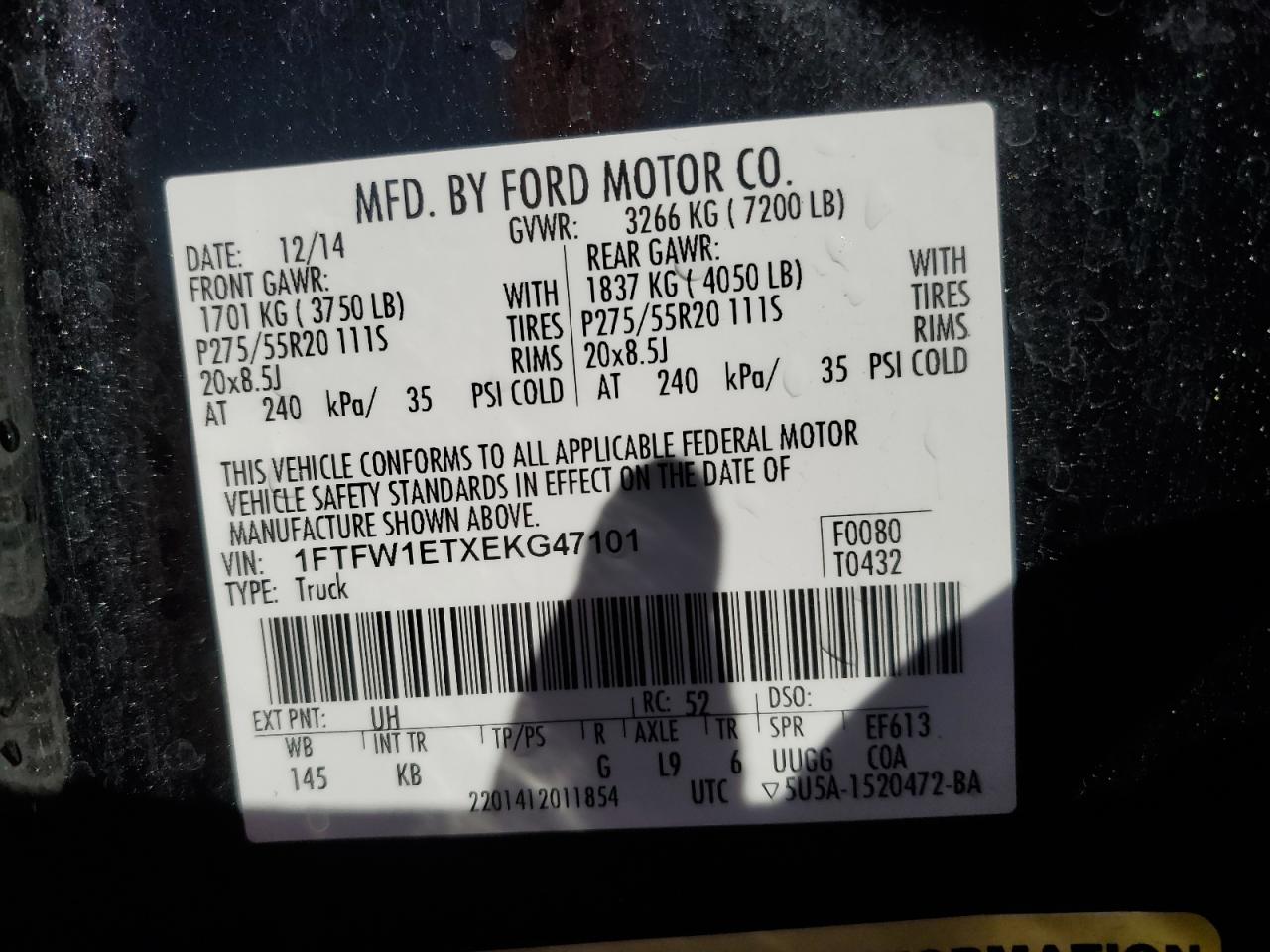 2014 Ford F-150 VIN 1FTFW1ETXEKG47101 Copart auction photo, front end damage thumbnail 13