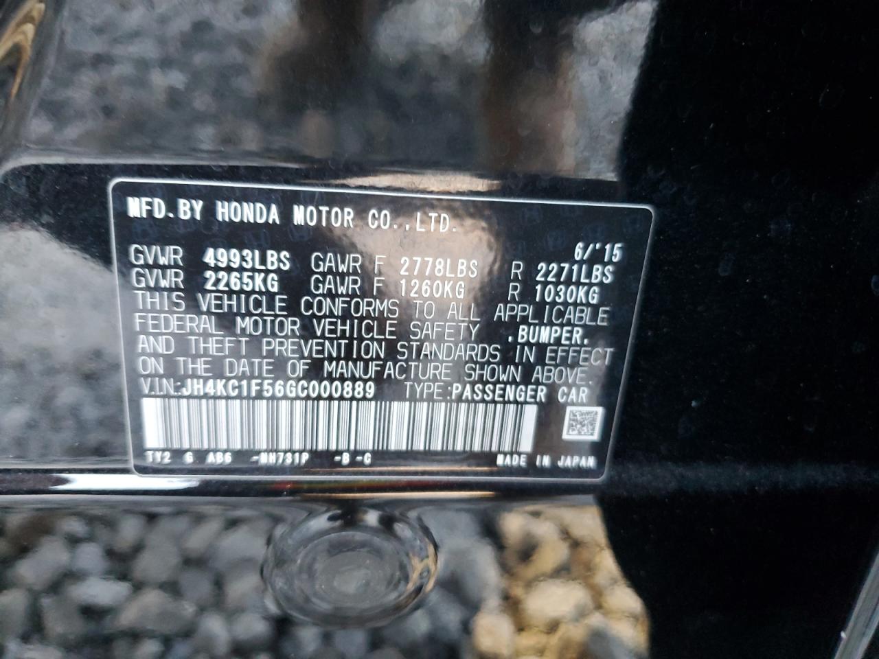 2016 Acura RLX VIN JH4KC1F56GC000889 Copart auction photo, side damage thumbnail 12