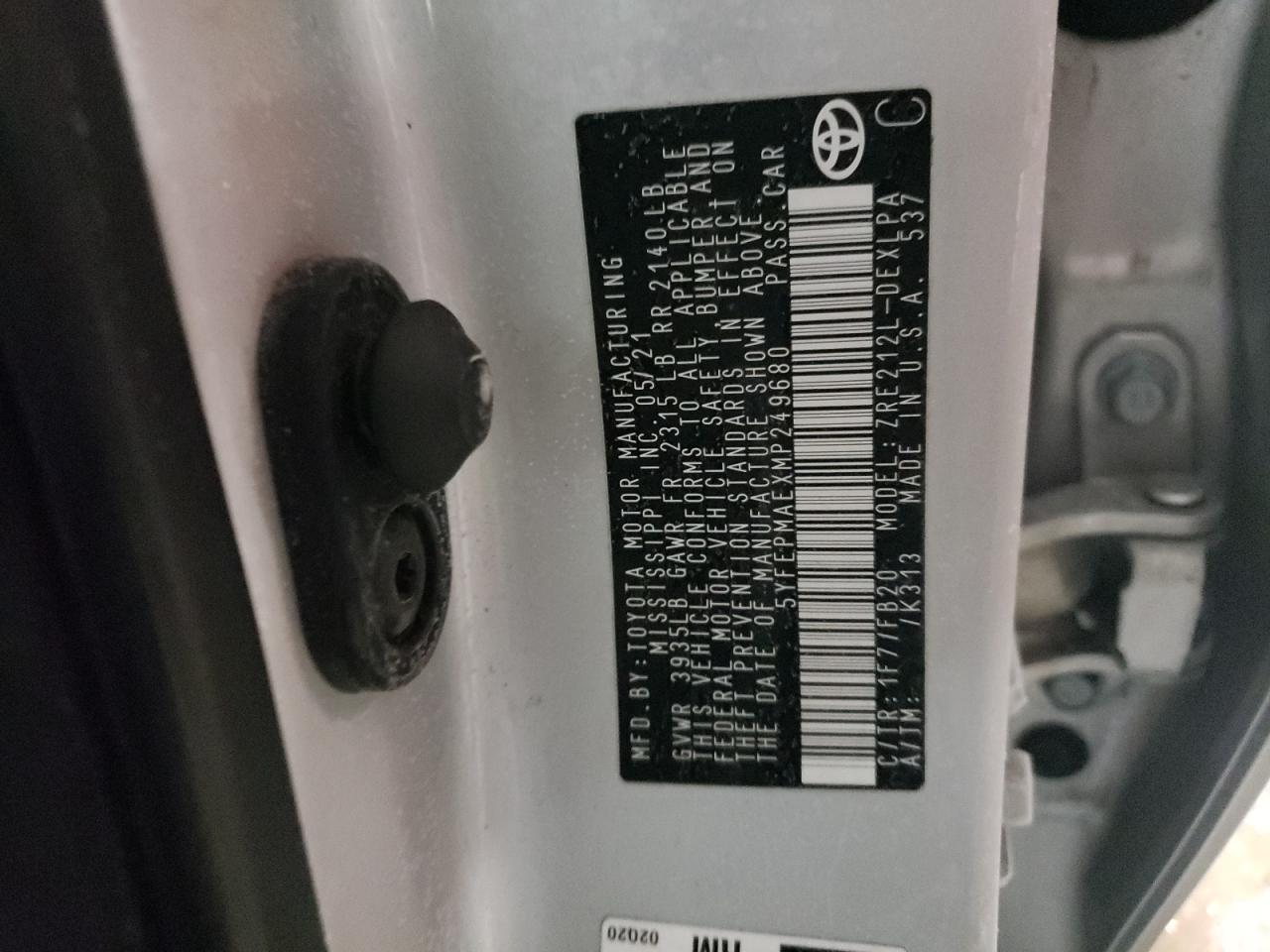 2021 Toyota Corolla VIN 5YFEPMAEXMP249680 Copart auction photo, front end / side damage thumbnail 12