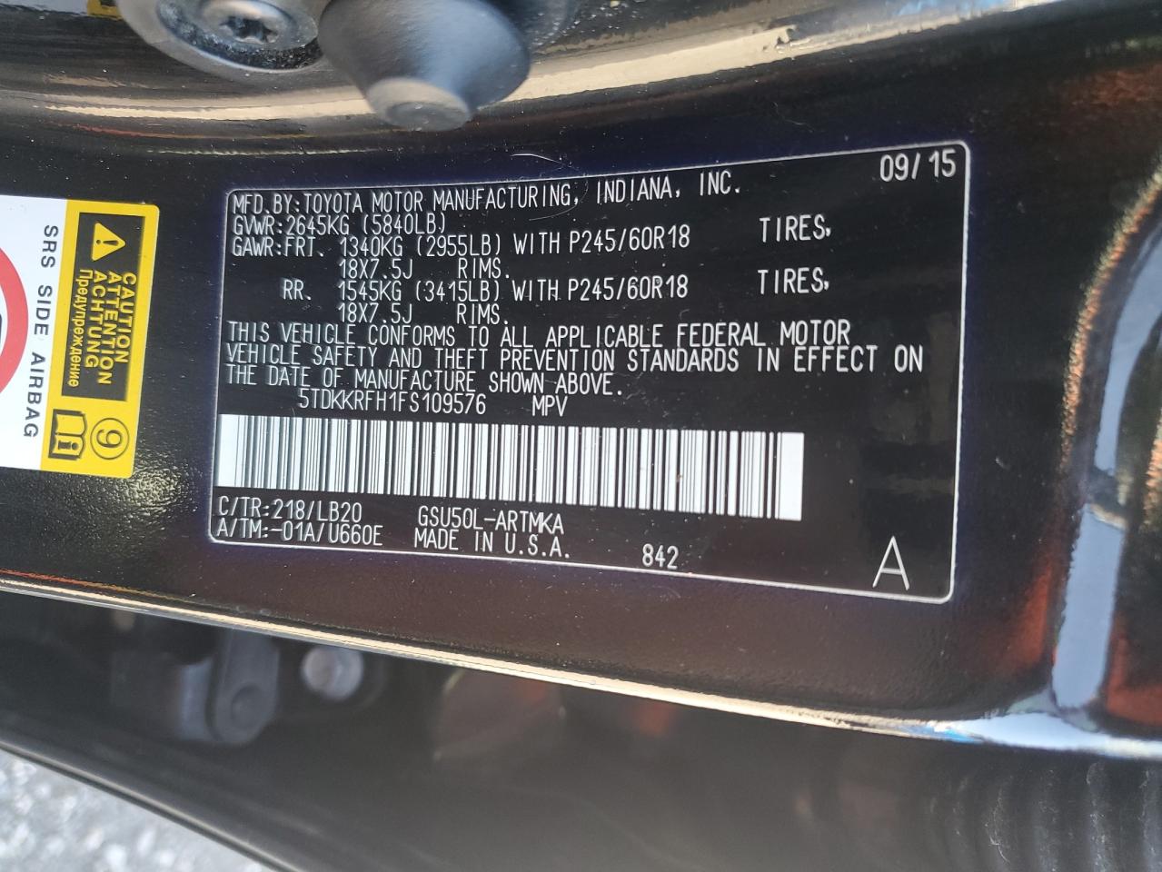 2015 Toyota Highlander VIN 5TDKKRFH1FS109576 Copart auction photo, rear end / side damage thumbnail 13