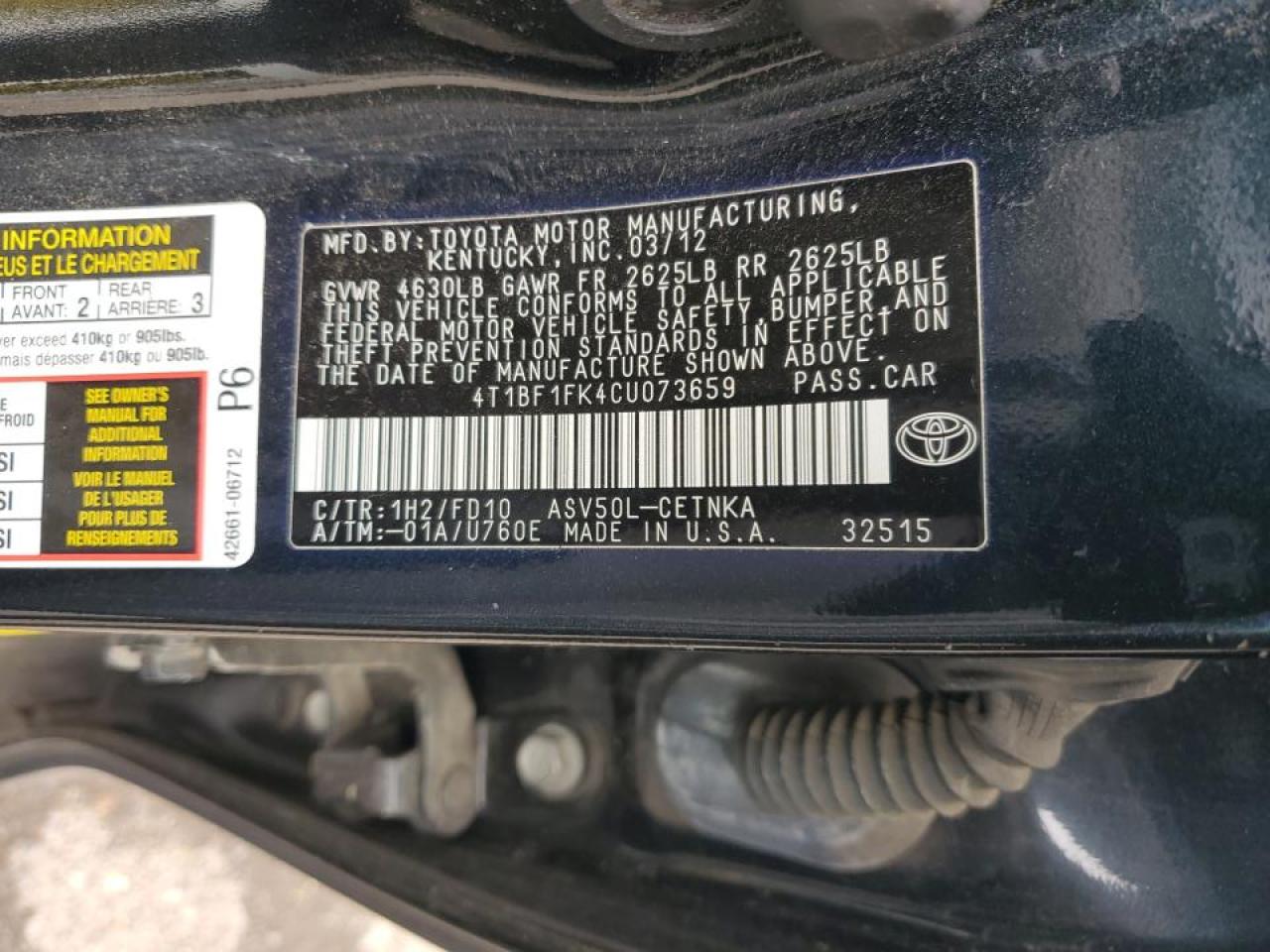2012 Toyota Camry VIN 4T1BF1FK4CU073659 Copart auction photo, front end damage thumbnail 13