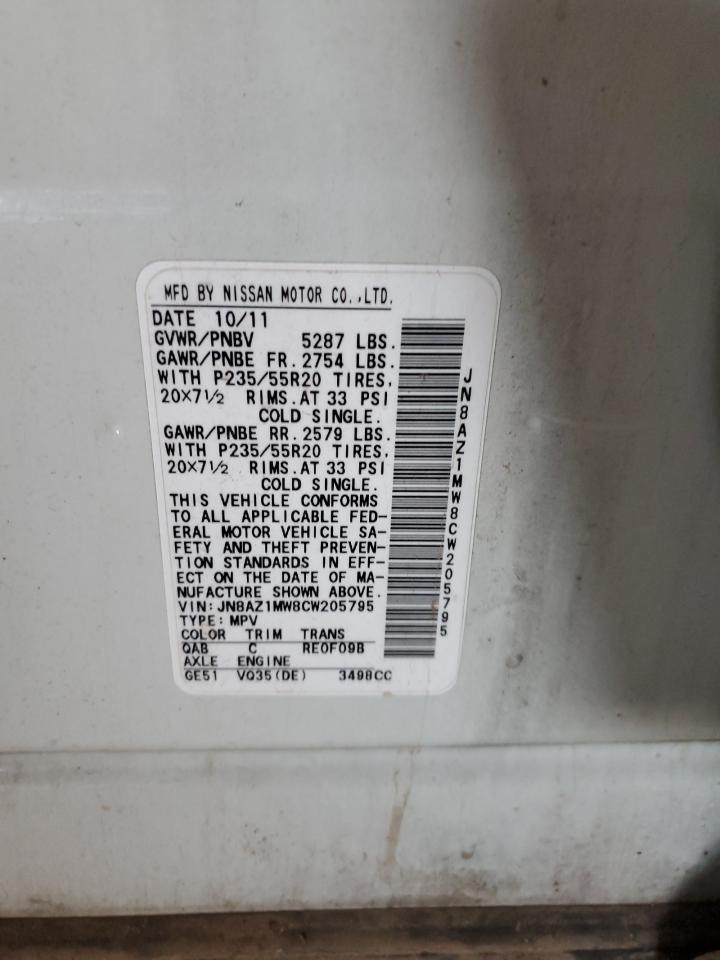 2012 Nissan Murano VIN JN8AZ1MW8CW205795 Copart auction photo, front end / side damage thumbnail 12
