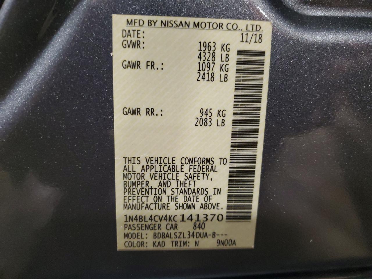 2019 Nissan Altima VIN 1N4BL4CV4KC141370 Copart auction photo, front end / rear end damage thumbnail 14