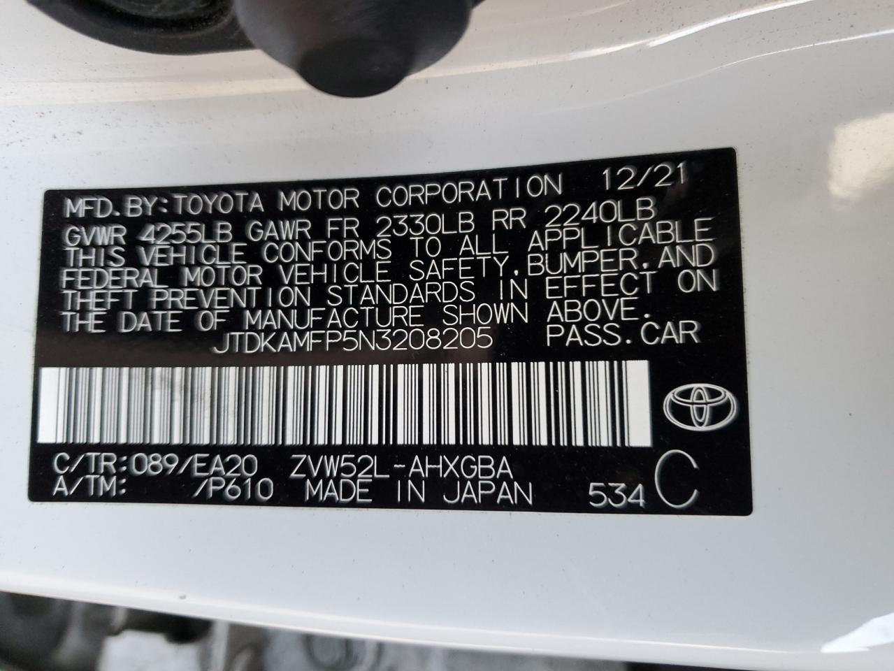 2022 Toyota Prius VIN JTDKAMFP5N3208205 Copart auction photo, all over damage thumbnail 12