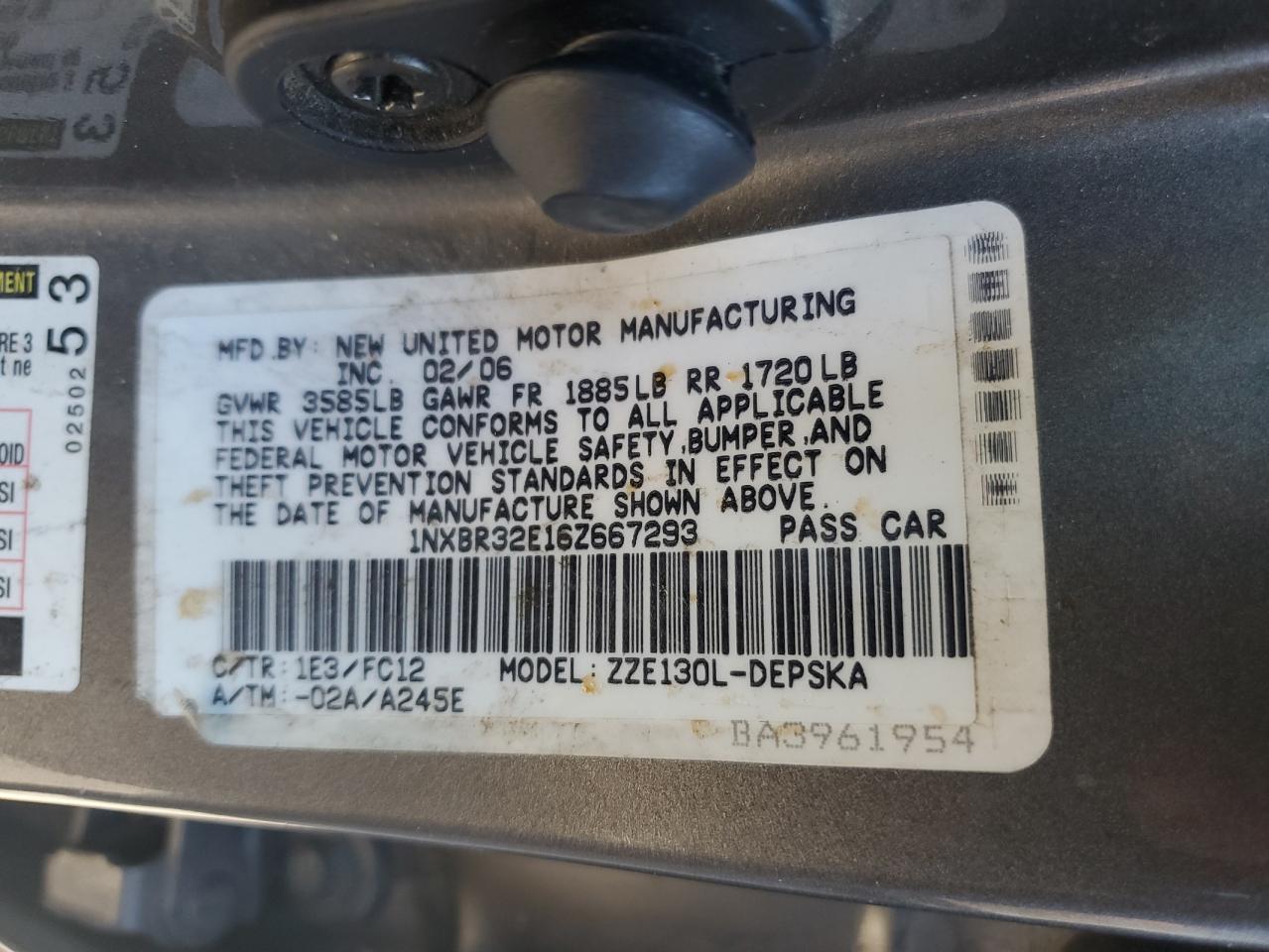 2006 Toyota Corolla VIN 1NXBR32E16Z667293 Copart auction photo, side damage thumbnail 12