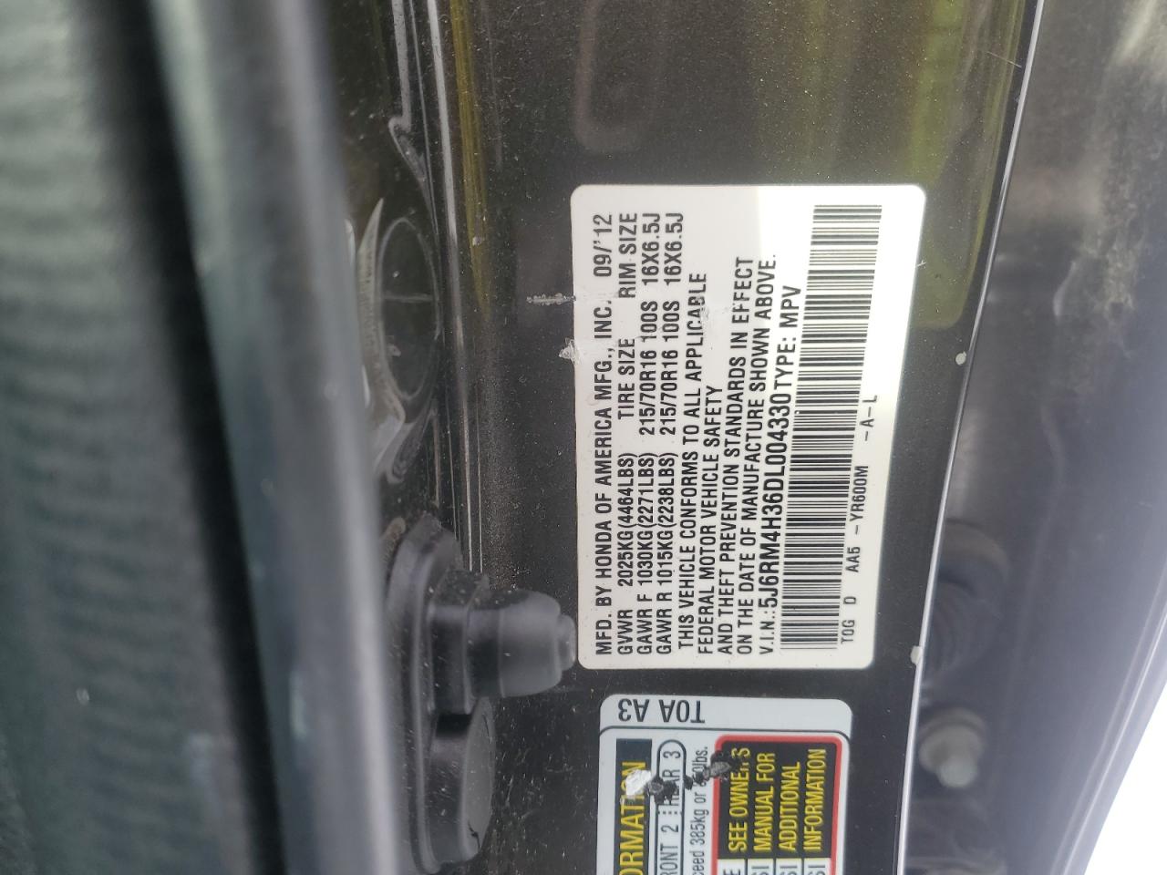2013 Honda CR-V VIN 5J6RM4H36DL004330 Copart auction photo, front end / minor dent/scratches damage thumbnail 13