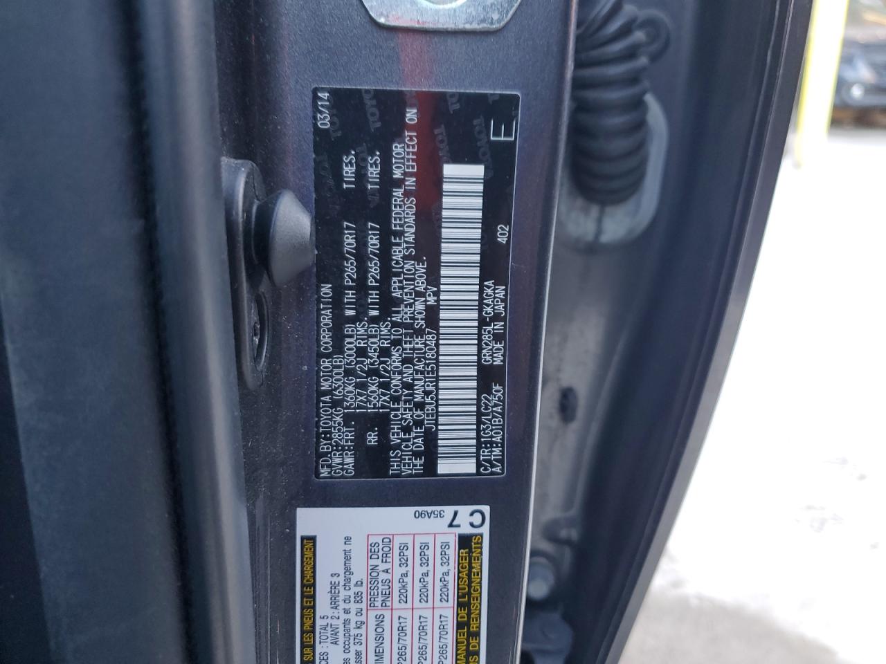 2014 Toyota 4Runner VIN JTEBU5JR1E5180487 Copart auction photo, top/roof / side damage thumbnail 13