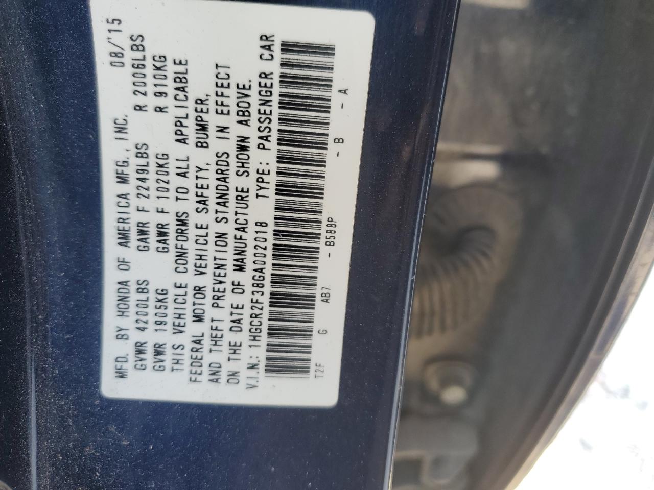 2016 Honda Accord VIN 1HGCR2F38GA002018 Copart auction photo, front end / minor dent/scratches damage thumbnail 14