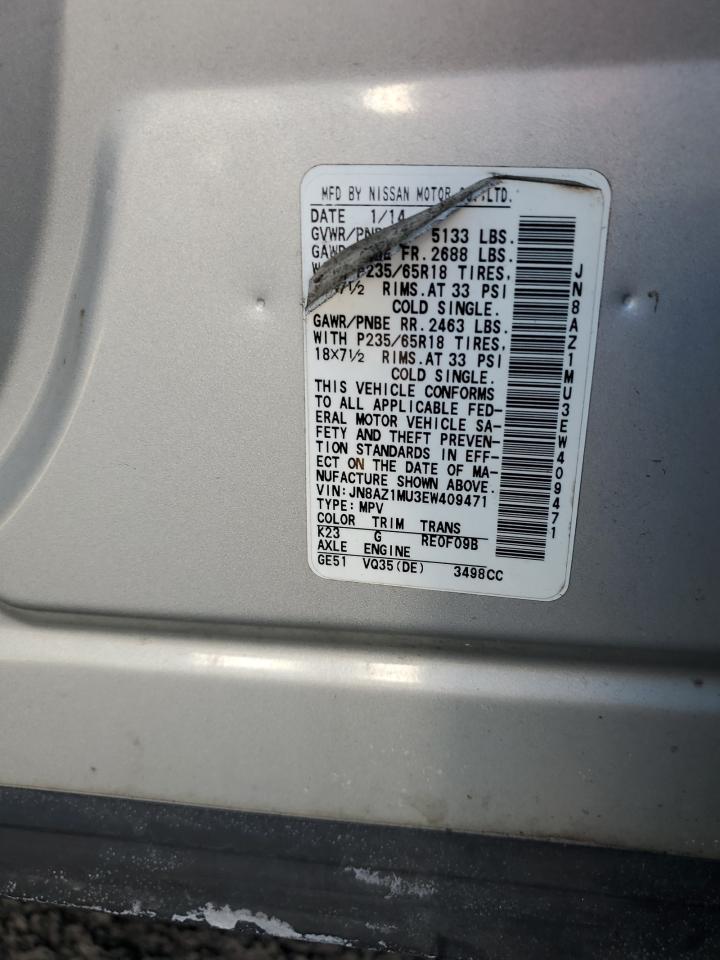 2014 Nissan Murano VIN JN8AZ1MU3EW409471 Copart auction photo, front end / minor dent/scratches damage thumbnail 13