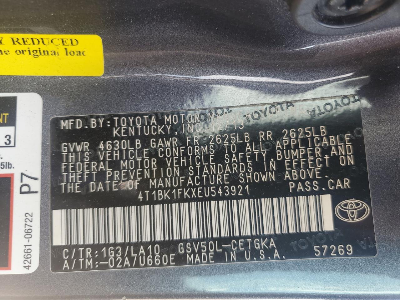 2014 Toyota Camry VIN 4T1BK1FKXEU543921 Copart auction photo, front end damage thumbnail 12