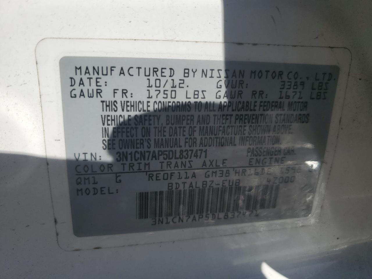 2013 Nissan Versa VIN 3N1CN7AP5DL837471 Copart auction photo, front end damage thumbnail 13