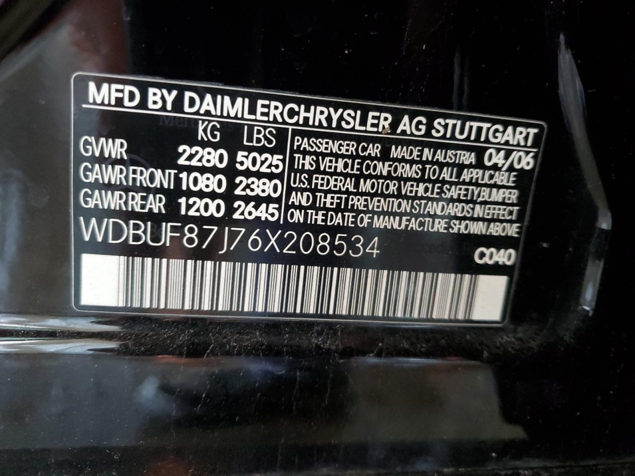2006 Mercedes-Benz E-klasse VIN WDBUF87J76X208534 Copart auction photo, front end / side damage thumbnail 12