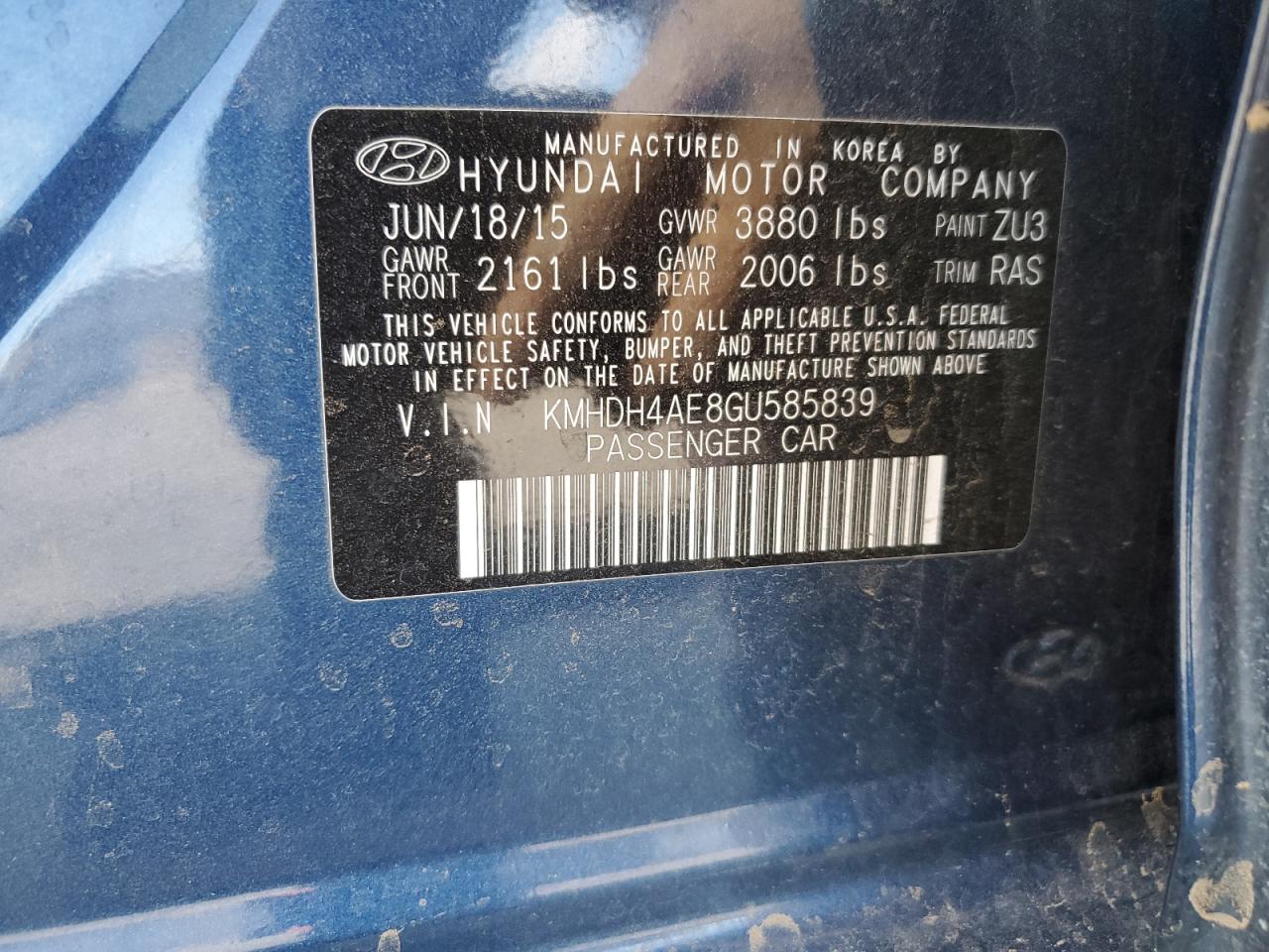 2016 Hyundai Elantra VIN KMHDH4AE8GU585839 Copart auction photo, front end damage thumbnail 15