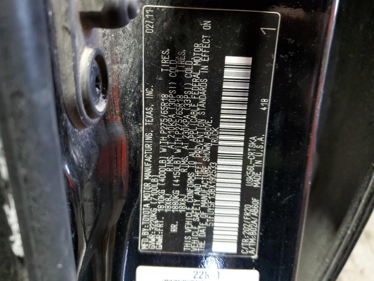 2011 Toyota Tundra VIN 5TFUY5F13BX192533 Copart auction photo, side / minor dent/scratches damage thumbnail 12