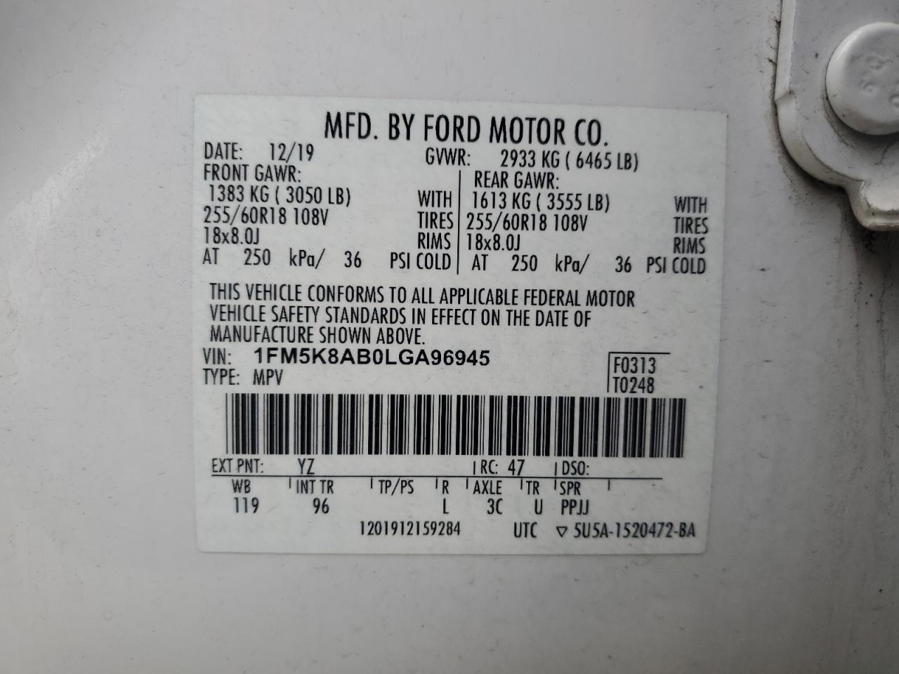 2020 Ford Explorer VIN 1FM5K8AB0LGA96945 Copart auction photo, rear end / minor dent/scratches damage thumbnail 13