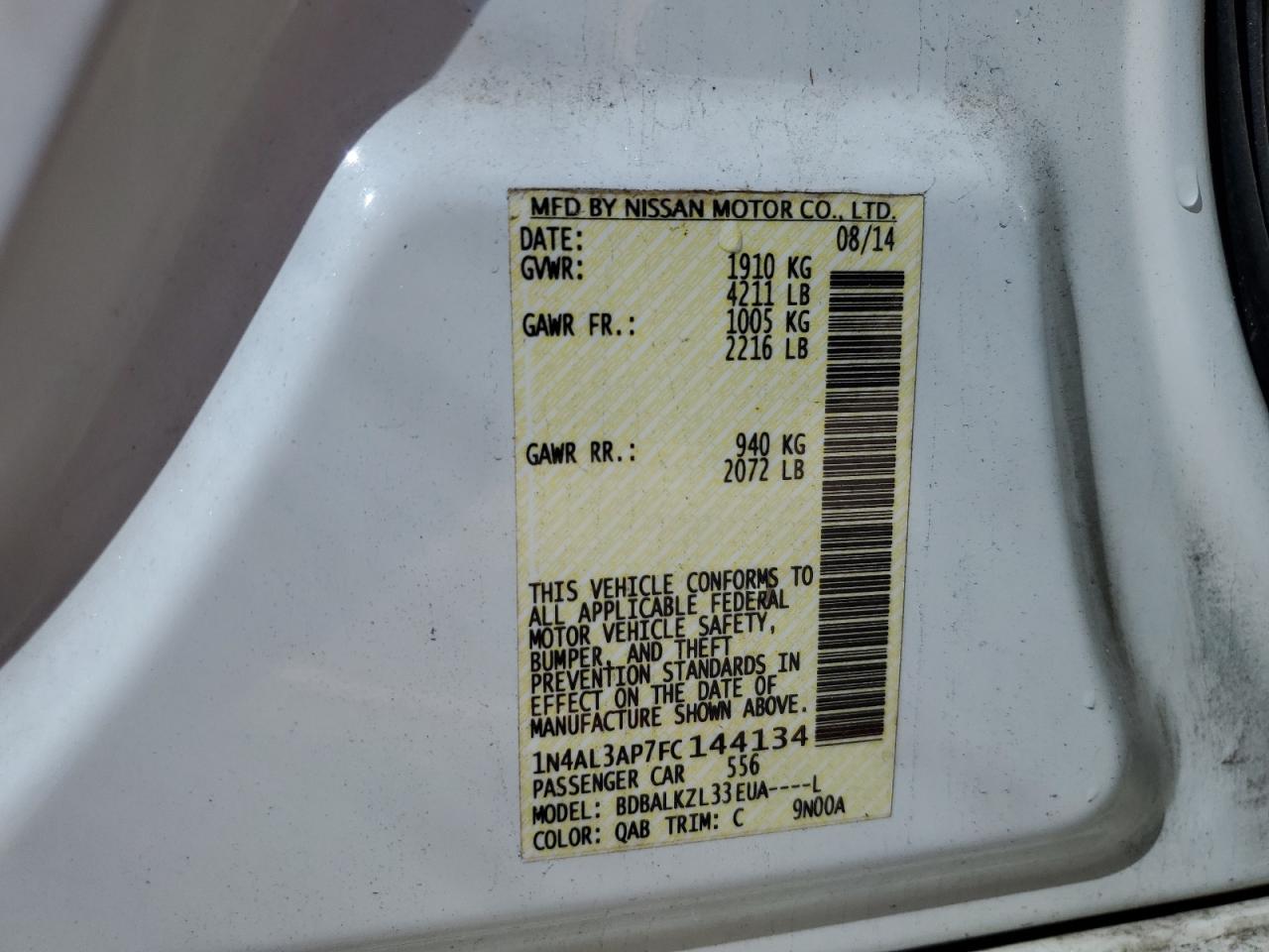 2015 Nissan Altima VIN 1N4AL3AP7FC144134 Copart auction photo, side damage thumbnail 12