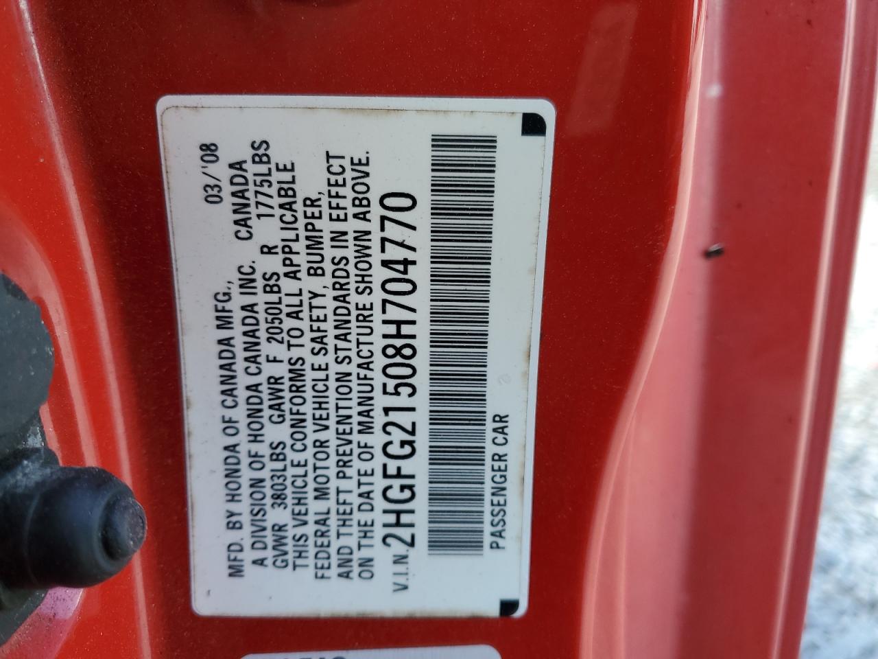 2008 Honda Civic VIN 2HGFG21508H704770 Copart auction photo, rear end / front end damage thumbnail 13
