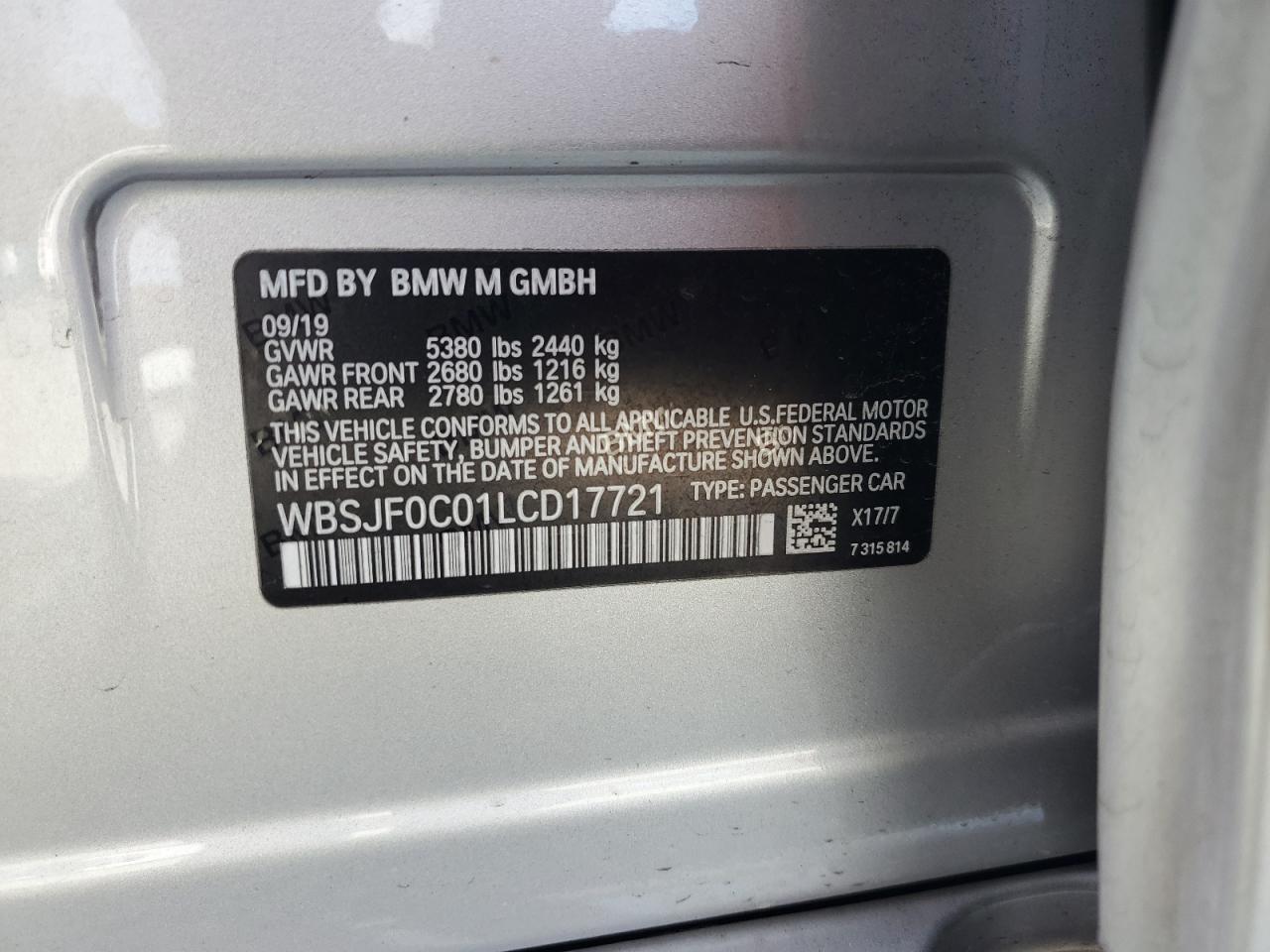 2020 BMW M5 VIN WBSJF0C01LCD17721 Copart auction photo, front end damage thumbnail 14