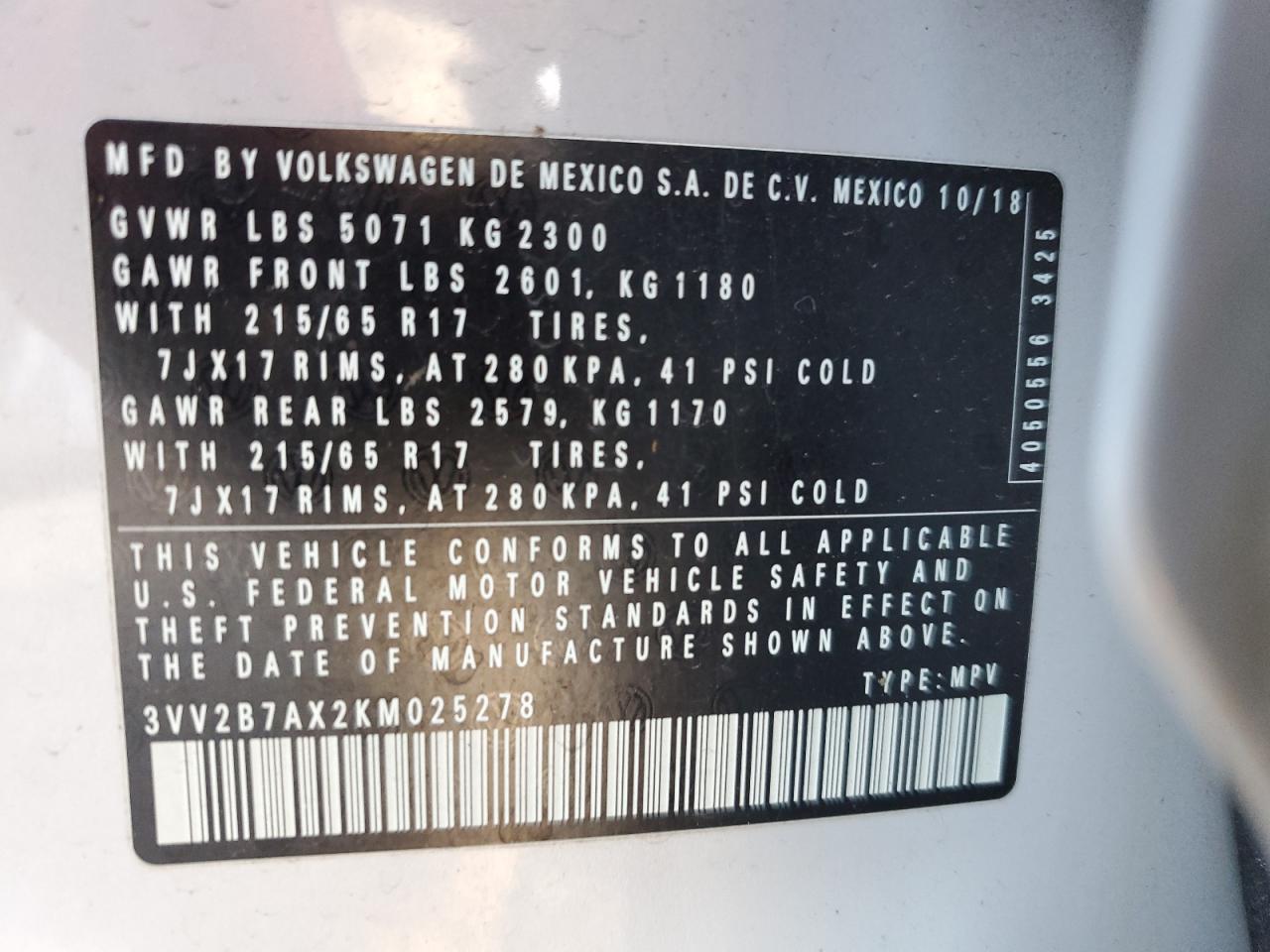 2019 Volkswagen Tiguan VIN 3VV2B7AX2KM025278 Copart auction photo, front end damage thumbnail 13