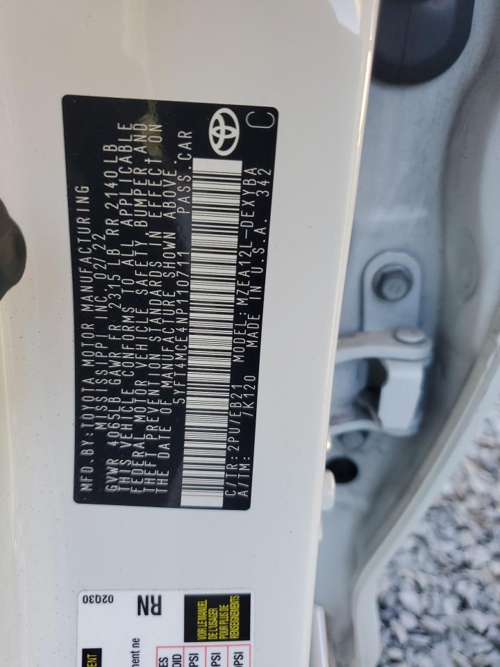 2022 Toyota Corolla VIN 5YFT4MCE4NP110711 Copart auction photo, rear end damage thumbnail 12