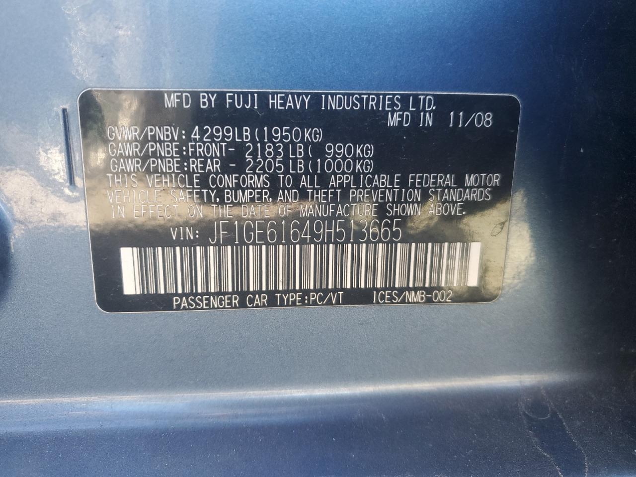2009 Subaru Impreza VIN JF1GE61649H513665 Copart auction photo, minor dent/scratches damage thumbnail 12