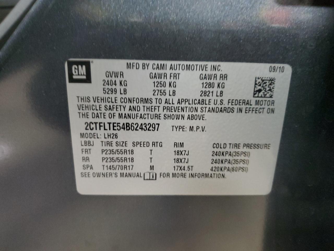2011 GMC Terrain VIN 2CTFLTE54B6243297 Copart auction photo, front end damage thumbnail 16
