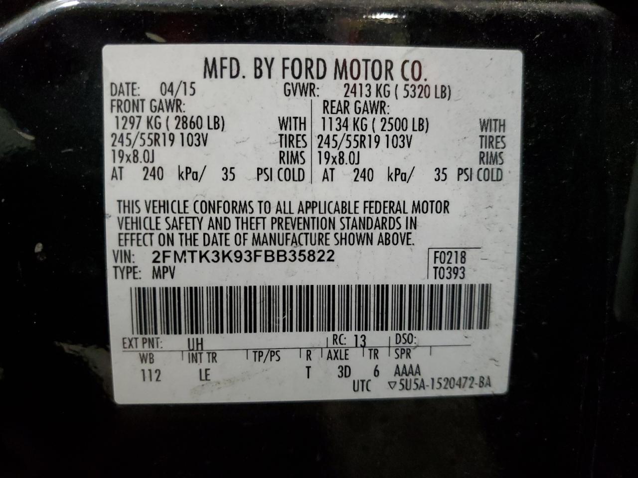 2015 Ford Edge VIN 2FMTK3K93FBB35822 Copart auction photo, rear end / minor dent/scratches damage thumbnail 14