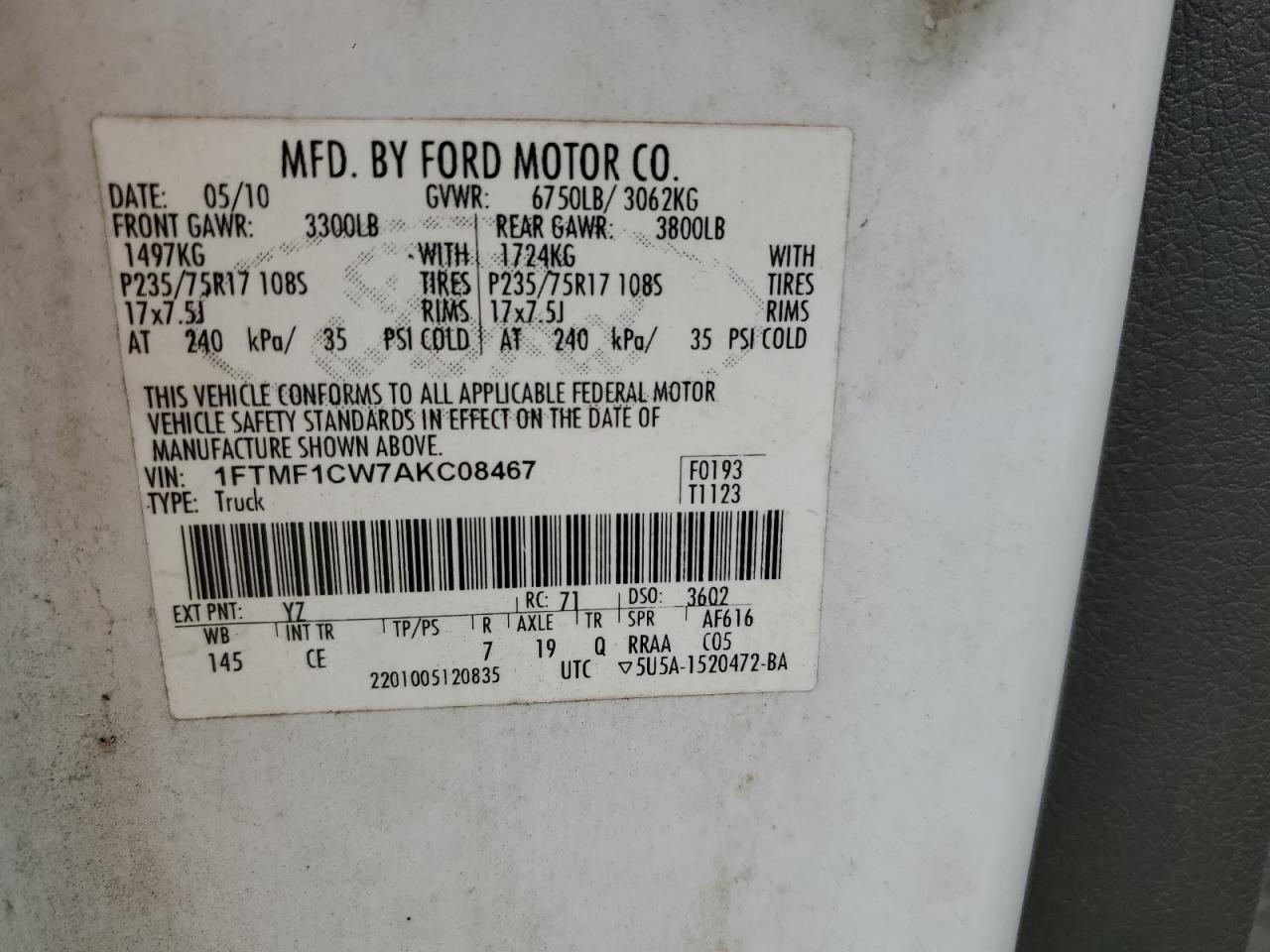 2010 Ford F-150 VIN 1FTMF1CW7AKC08467 Copart auction photo, all over damage thumbnail 12