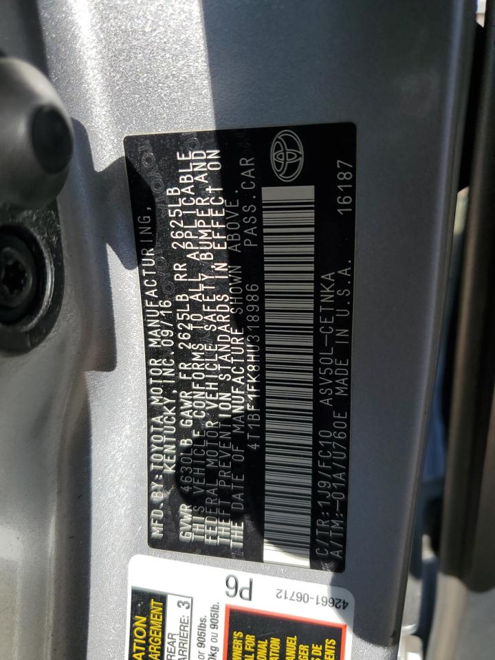 2017 Toyota Camry VIN 4T1BF1FK8HU318986 Copart auction photo, front end damage thumbnail 14