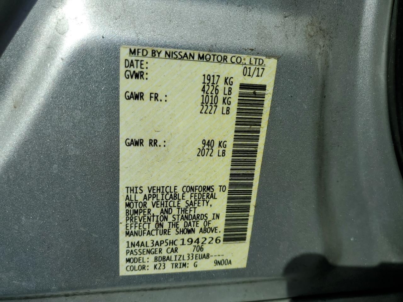 2017 Nissan Altima VIN 1N4AL3AP5HC194226 Copart auction photo, front end / minor dent/scratches damage thumbnail 13