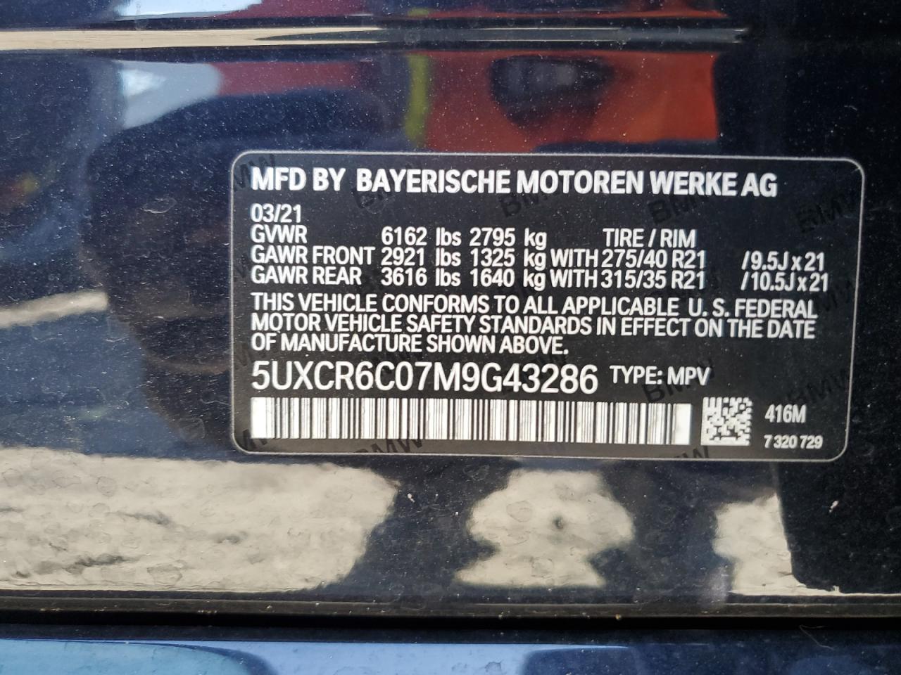 2021 BMW X5 VIN 5UXCR6C07M9G43286 Copart auction photo, rear end damage thumbnail 13