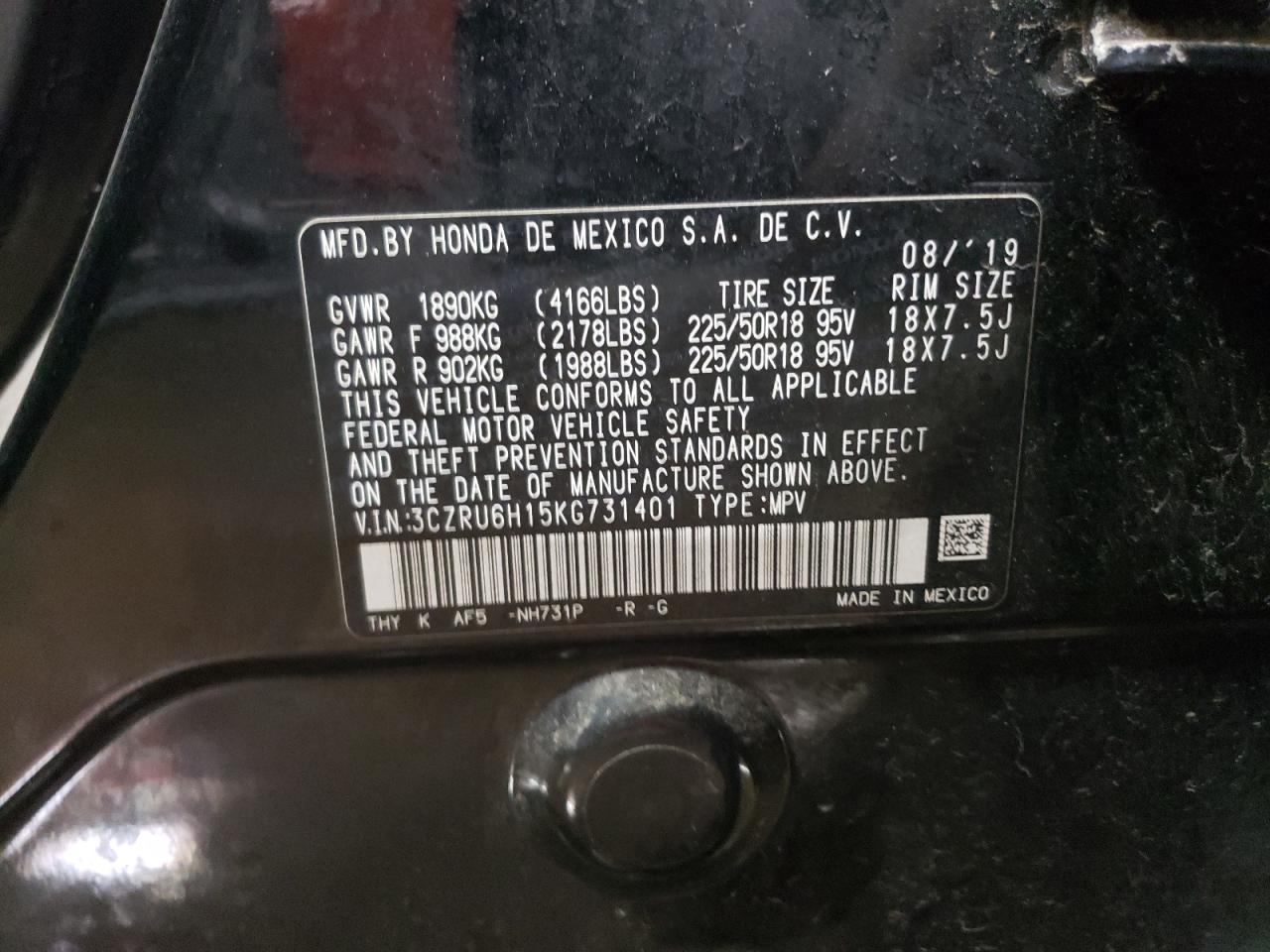 2019 Honda HR-V VIN 3CZRU6H15KG731401 Copart auction photo, front end / side damage thumbnail 12
