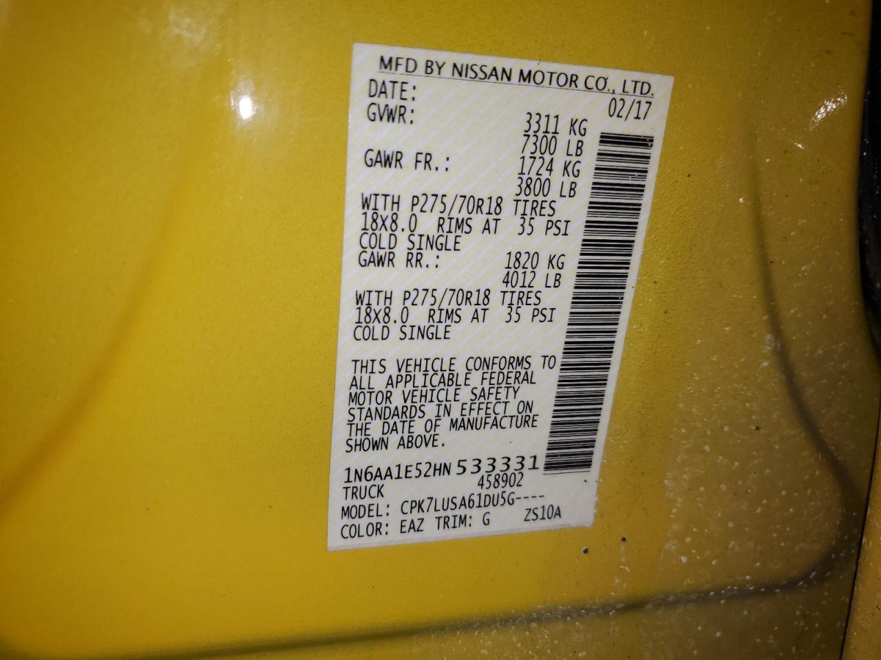 2017 Nissan Titan VIN 1N6AA1E52HN533331 Copart auction photo, rear end / front end damage thumbnail 15