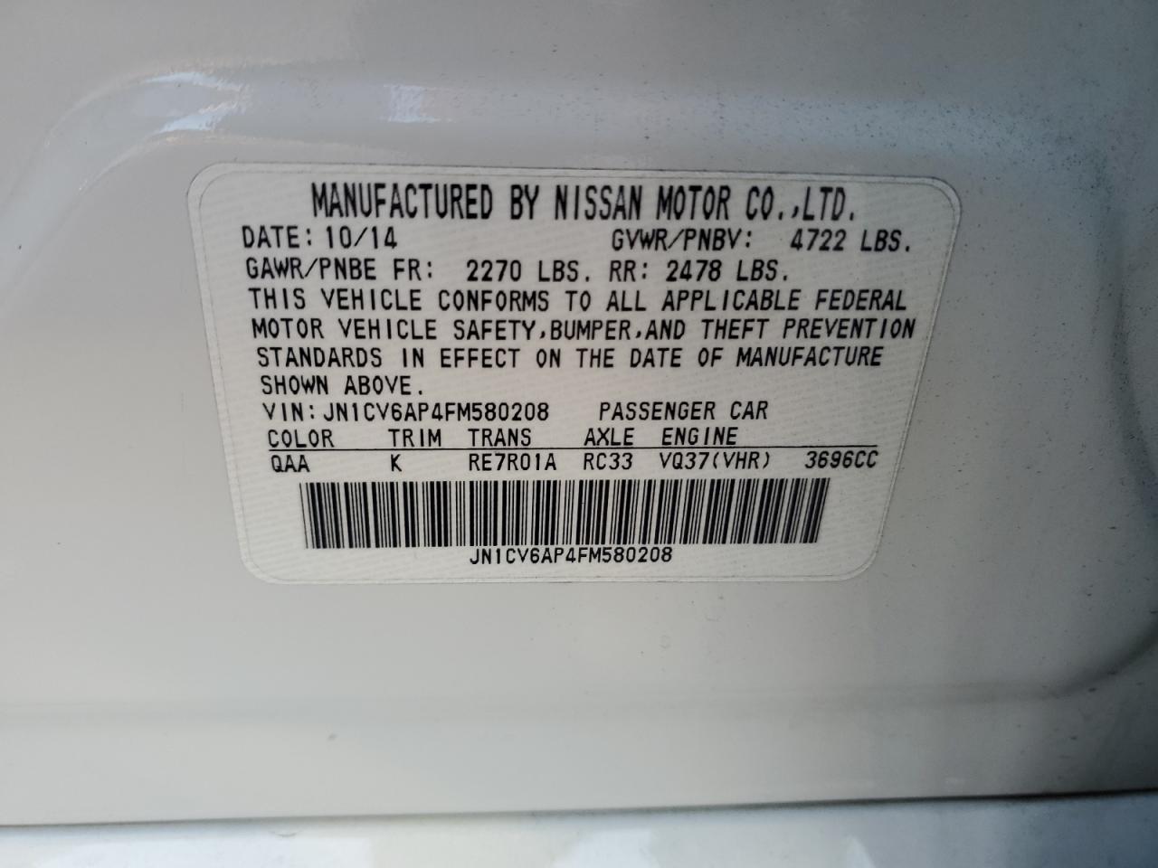 2015 Infiniti Q40 VIN JN1CV6AP4FM580208 Copart auction photo, front end damage thumbnail 13