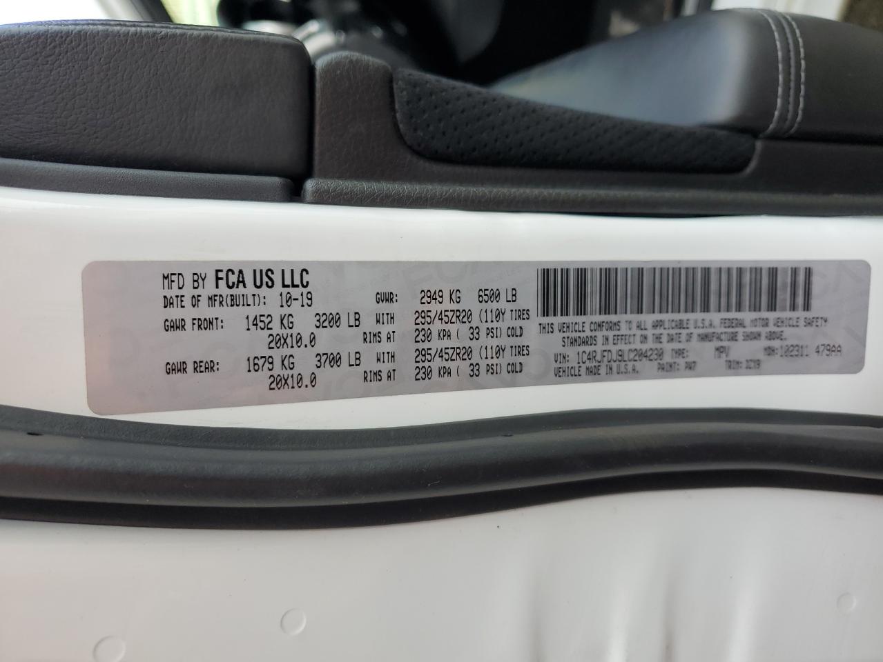2020 Jeep Grand Cherokee VIN 1C4RJFDJ9LC204230 Copart auction photo, missing/altered vin / minor dent/scratches damage thumbnail 13