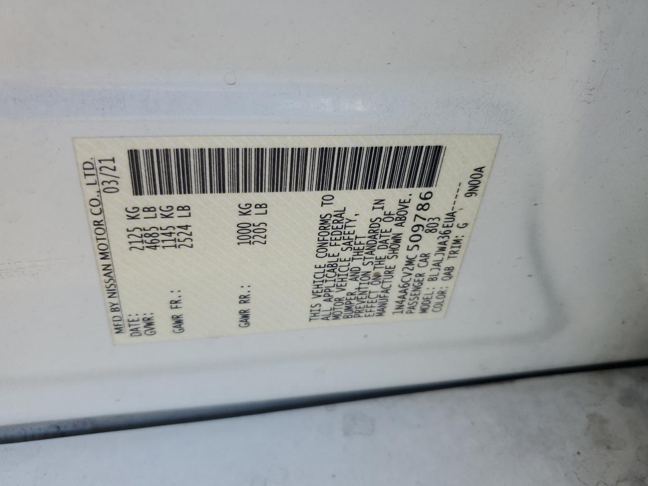 2021 Nissan Maxima VIN 1N4AA6CV2MC509786 Copart auction photo, front end / side damage thumbnail 12