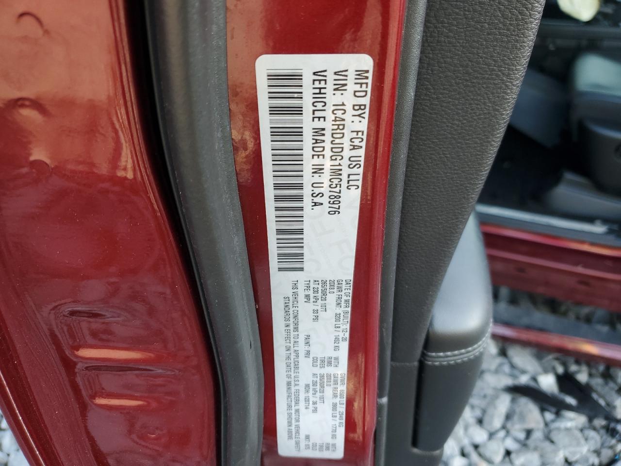 2021 Dodge Durango VIN 1C4RDJDG1MC578976 Copart auction photo, front end / rear end damage thumbnail 16