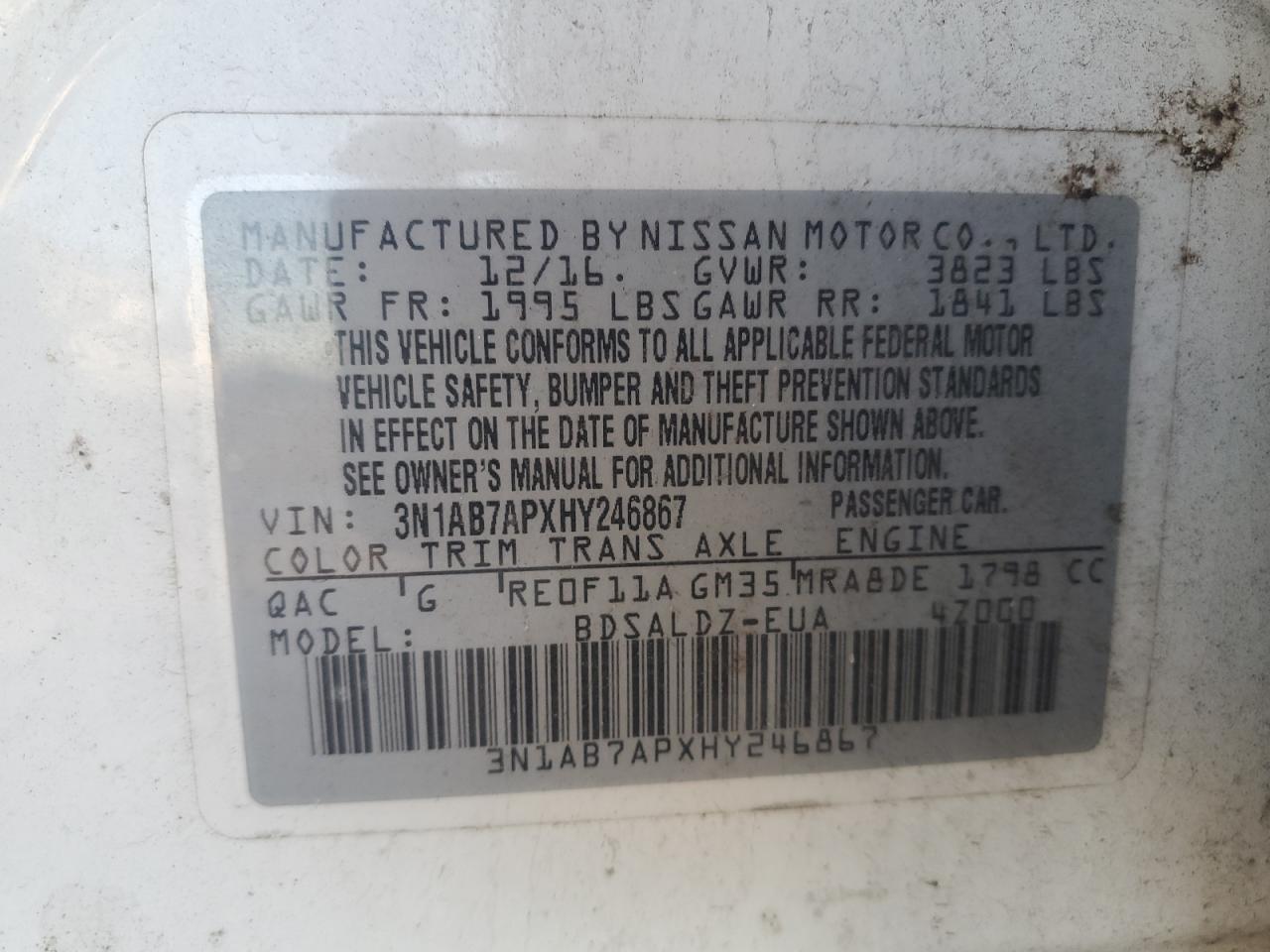 2017 Nissan Sentra VIN 3N1AB7APXHY246867 Copart auction photo, normal wear / minor dent/scratches damage thumbnail 12