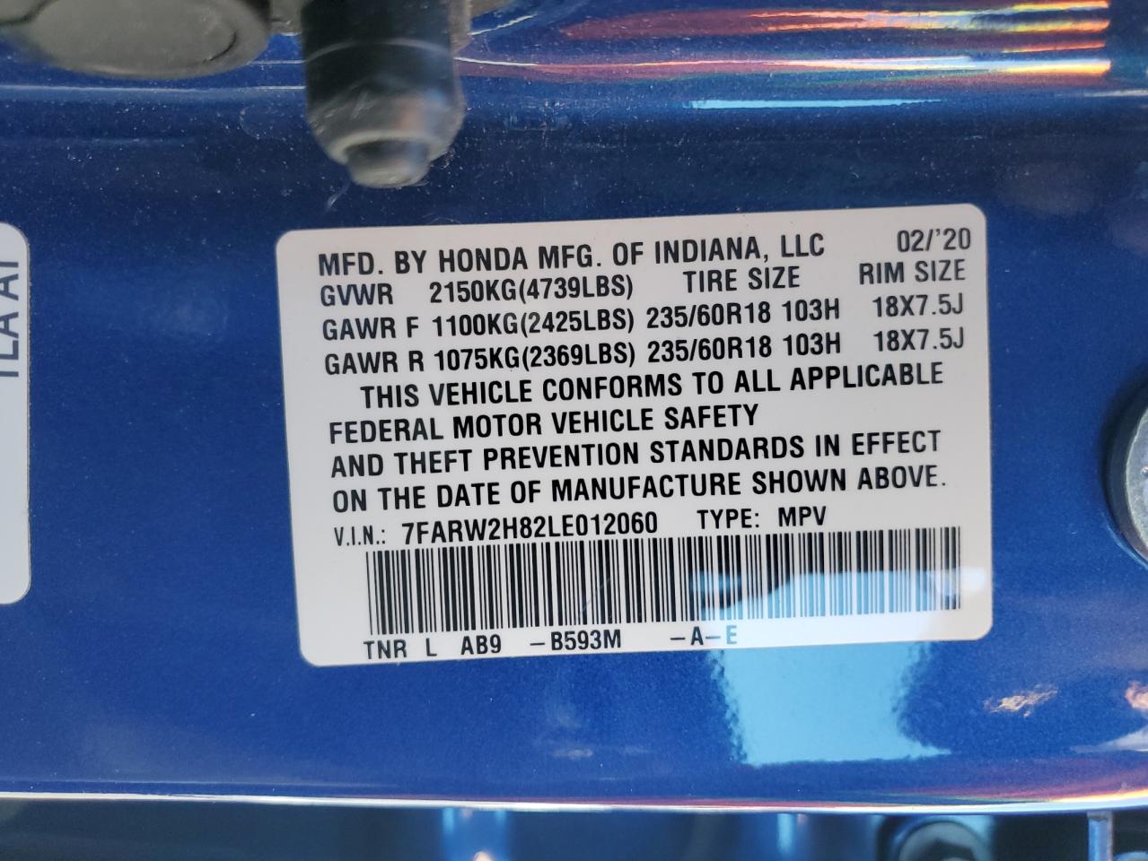 2020 Honda CR-V VIN 7FARW2H82LE012060 Copart auction photo, all over / undercarriage damage thumbnail 12